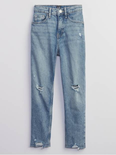 Kids High Rise Destructed Mom Jeans with Washwell