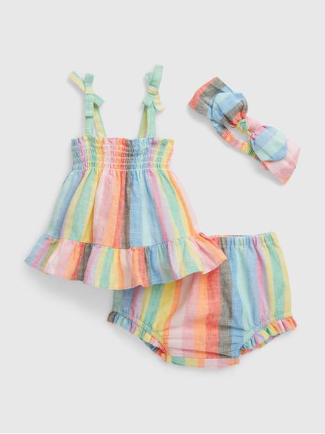Baby Linen-Cotton Stripe Three-Piece Outfit Set