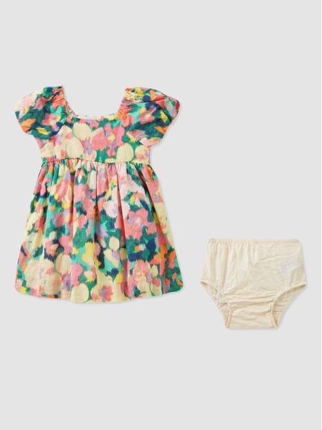 Baby Linen-Cotton Puff Sleeve Floral Dress