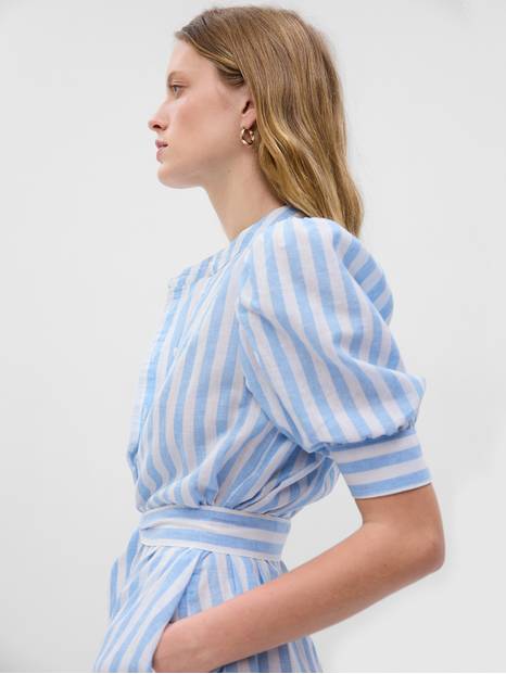 Puff Sleeve Linen-Cotton Shirtdress